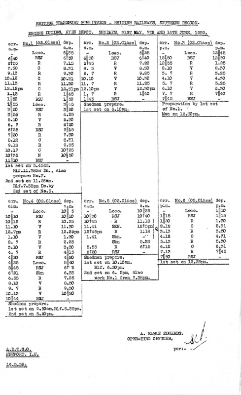 Southern Engine Workings, Isle of Wight, Sundays starting 31 May 1959. 1 pages. [EW04195905310]