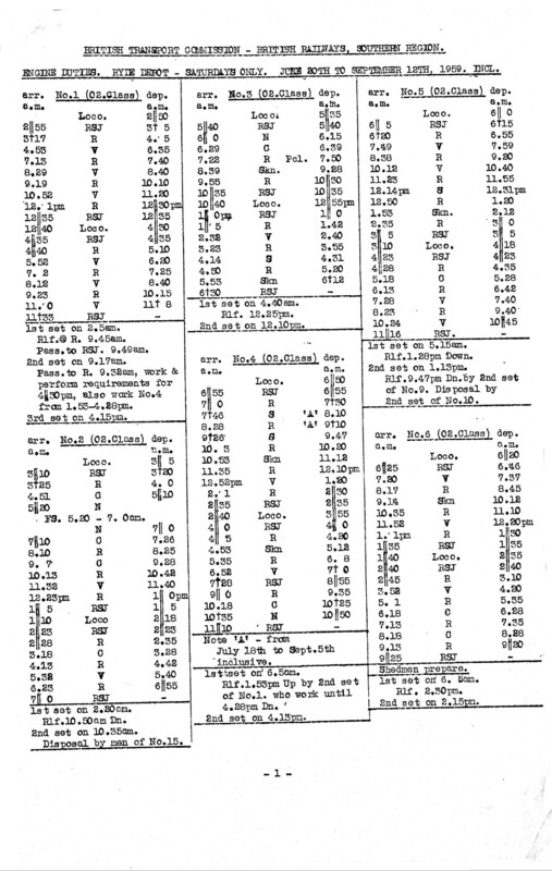 Southern Engine Workings, Isle of Wight, Saturdays starting 20 June 1959. 3 pages. [EW04195906200]
