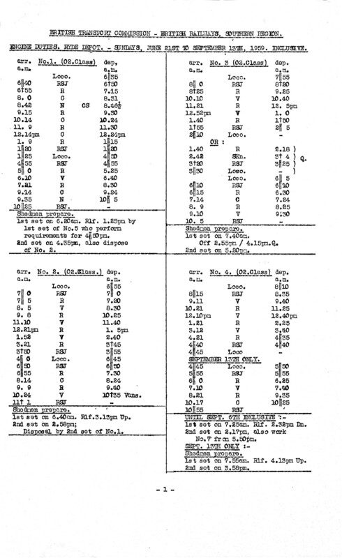 Southern Engine Workings, Isle of Wight, Sundays starting 21 June 1959. 2 pages. [EW04195906210]