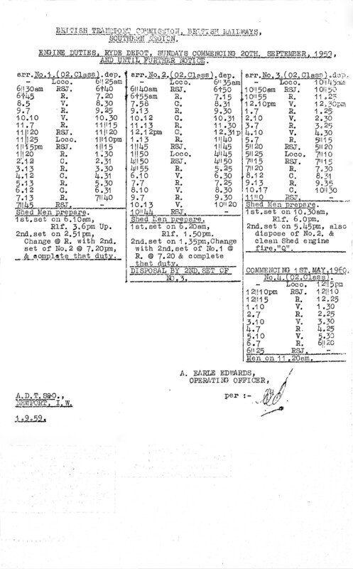 Southern Engine Workings, Isle of Wight, Sundays starting 20 September 1959. 1 pages. [EW04195909200]