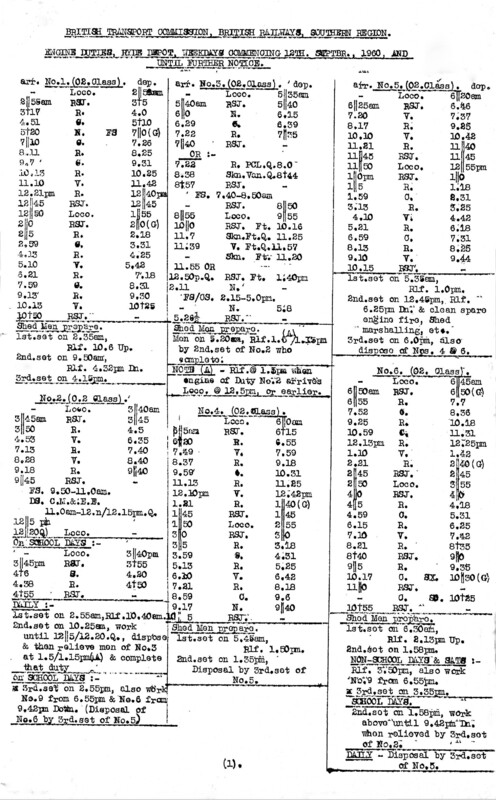 Southern Engine Workings, Isle of Wight, Weekdays starting 12 September 1960. 2 pages. [EW04196009120]