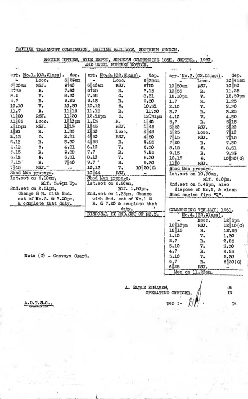 Southern Engine Workings, Isle of Wight, Sundays starting 18 September 1960. 1 pages. [EW04196009180]