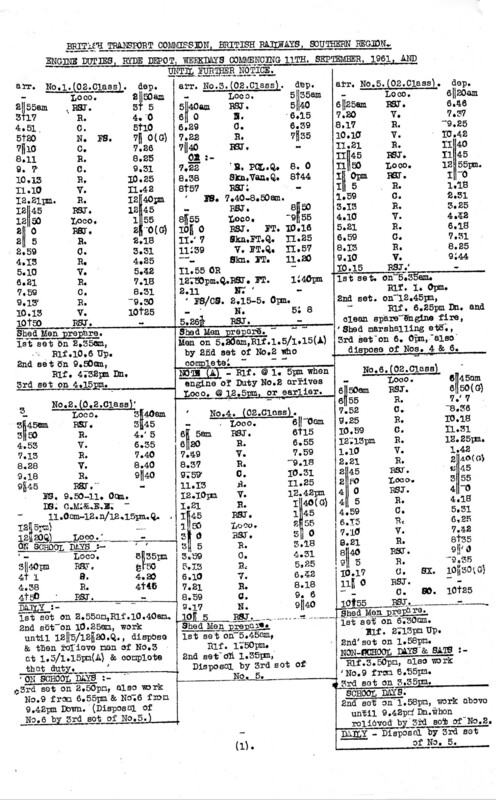 Southern Engine Workings, Isle of Wight, Weekdays starting 11 September 1961. 2 pages. [EW04196109110]