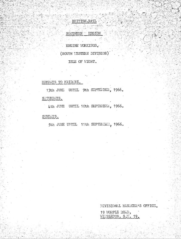 Southern Engine Workings, Isle of Wight, Daily starting 04 June 1966. 11 pages. [EW04196606041]