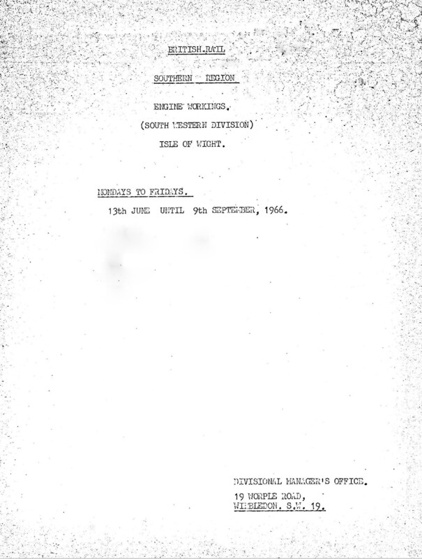 Southern Engine Workings, Isle of Wight, Mondays to Fridays starting 13 June 1966. 4 pages. [EW04196606130]