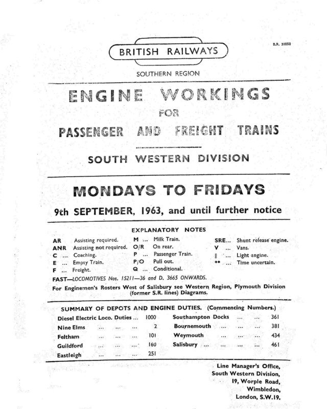Southern Engine Workings, South Western Division, Mondays to Fridays starting 09 September 1963. 209 pages. [EW05196309090]