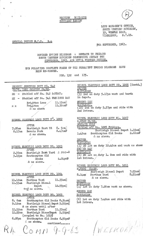 Southern Engine Workings, South Western Division, Mondays to Fridays starting 09 September 1963. 11 pages. Notes: R4 Revisions. [EW05196309091]
