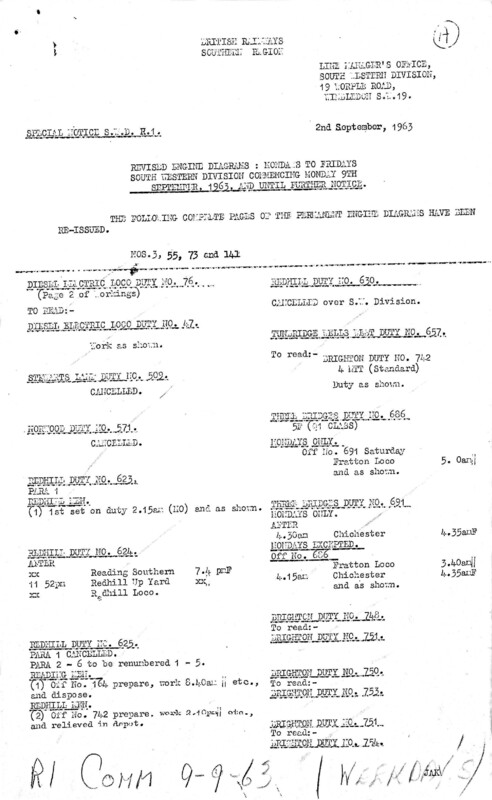 Southern Engine Workings, South Western Division, Mondays to Fridays starting 09 September 1963. 21 pages. Notes: R1 Revisions. [EW05196309092]