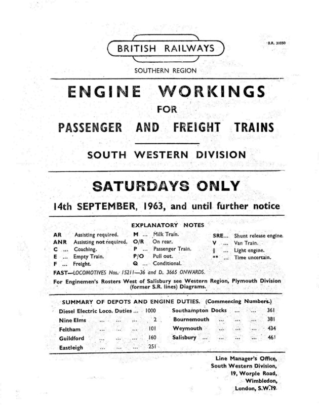 Southern Engine Workings, South Western Division, Saturdays starting 14 September 1963. 146 pages. [EW05196309141]
