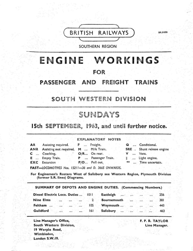 Southern Engine Workings, South Western Division, Sundays starting 15 September 1963. 51 pages. [EW05196309150]