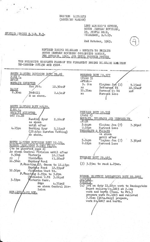 Southern Engine Workings, South Western Division, Mondays to Fridays starting 07 October 1963. 7 pages. Notes: R9 Revisions. [EW05196310071]