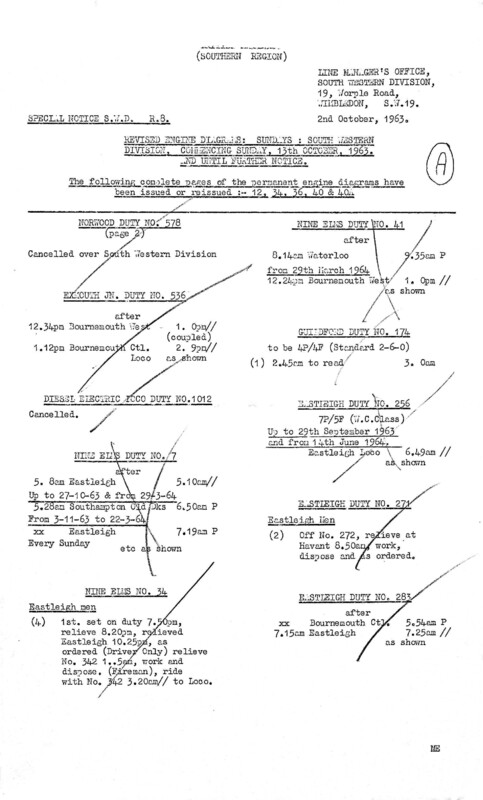 Southern Engine Workings, South Western Division, Sundays starting 13 October 1963. 8 pages. Notes: R8 Revisions. [EW05196310130]