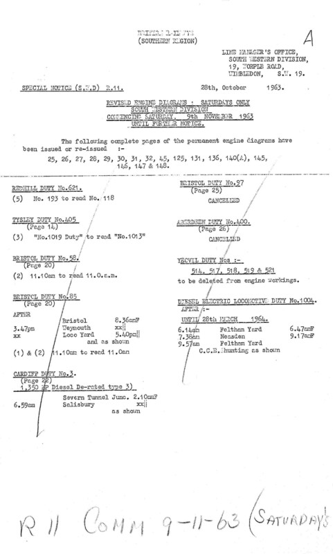 Southern Engine Workings, South Western Division, Saturdays starting 09 November 1963. 22 pages. Notes: R11 Revisions. [EW05196311090]