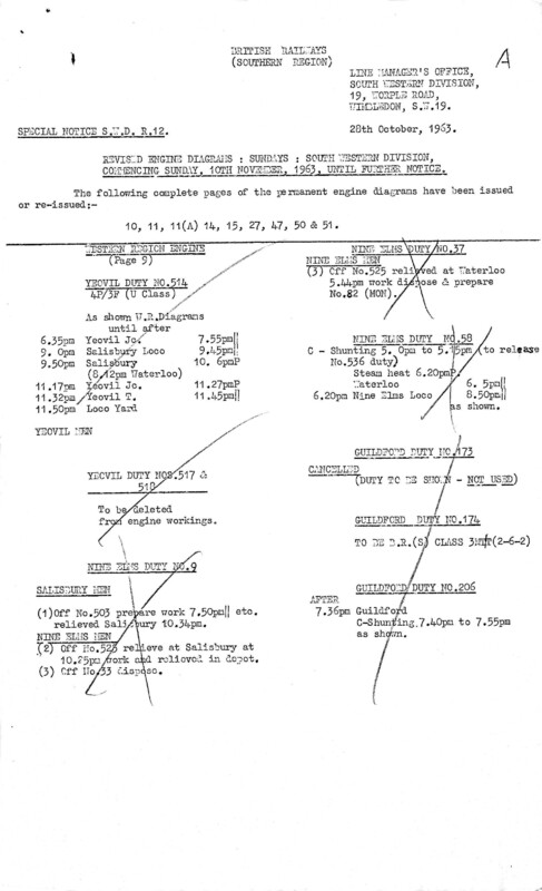 Southern Engine Workings, South Western Division, Sundays starting 10 November 1963. 14 pages. Notes: R12 Revisions. [EW05196311100]