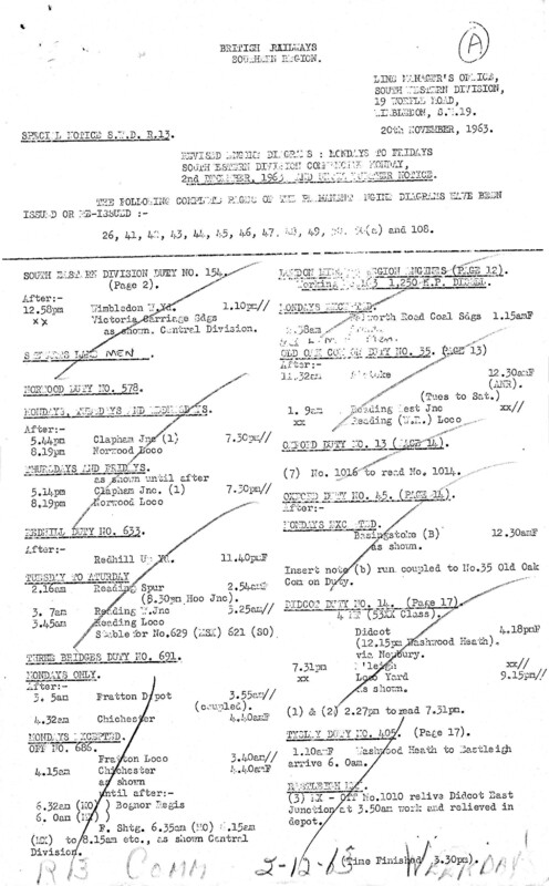 Southern Engine Workings, South Western Division, Mondays to Fridays starting 02 December 1963. 22 pages. Notes: R13 Revisions. [EW05196312020]