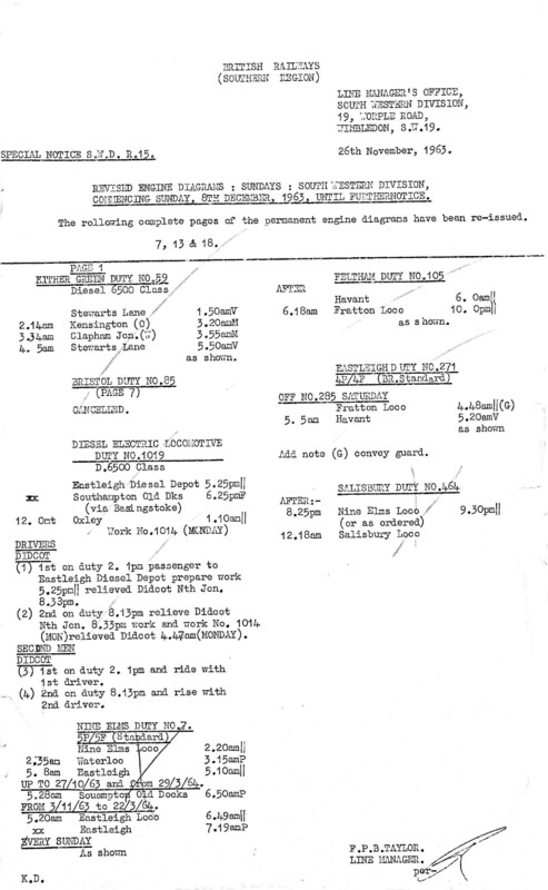 Southern Engine Workings, South Western Division, Sundays starting 08 December 1963. 6 pages. Notes: R15 Revisions. [EW05196312080]
