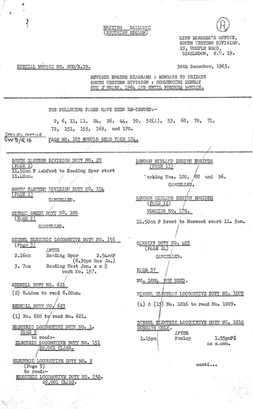 Southern Engine Workings, South Western Division, Mondays to Fridays starting 06 January 1964. 27 pages. Notes: R19 Revisions. [EW05196401060]