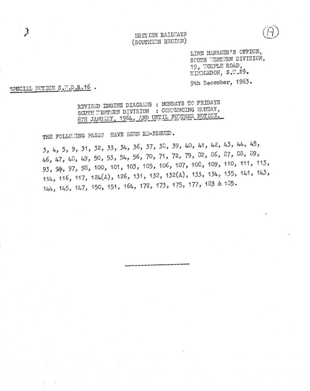 Southern Engine Workings, South Western Division, Mondays to Fridays starting 06 January 1964. 83 pages. Notes: R16 Revisions. [EW05196401061]