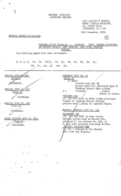 Southern Engine Workings, South Western Division, Sundays starting 12 January 1964. 22 pages. Notes: R18 Revisions. [EW05196401120]