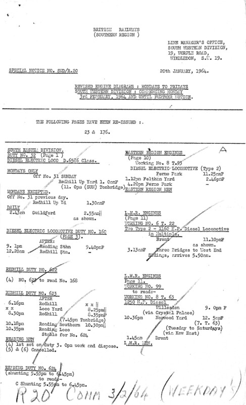 Southern Engine Workings, South Western Division, Mondays to Fridays starting 03 February 1964. 13 pages. Notes: R20 Revisions. [EW05196402030]