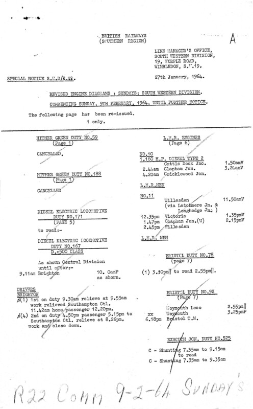 Southern Engine Workings, South Western Division, Sundays starting 09 February 1964. 4 pages. Notes: R22 Revisions. [EW05196402090]