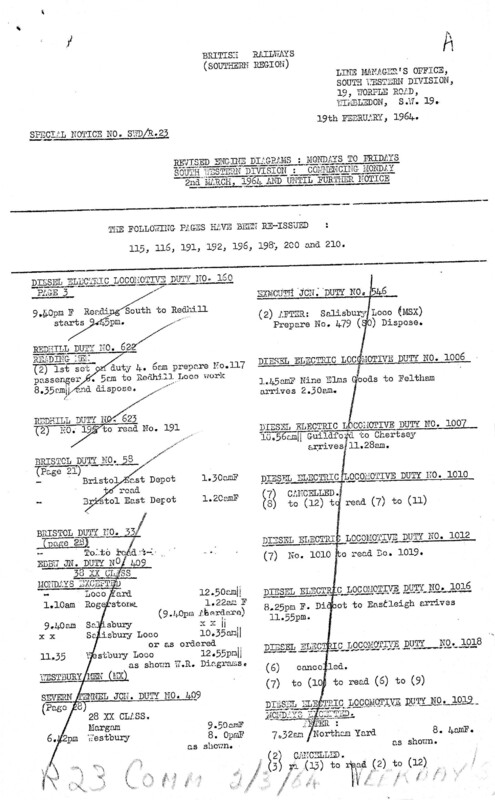 Southern Engine Workings, South Western Division, Mondays to Fridays starting 02 March 1964. 17 pages. Notes: R23 Revisions. [EW05196403020]