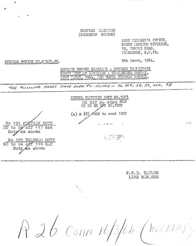 Southern Engine Workings, South Western Division, Mondays to Fridays starting 16 March 1964. 7 pages. Notes: R26 Revisions. [EW05196403160]