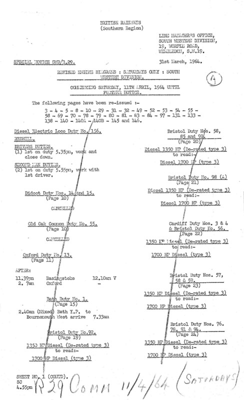 Southern Engine Workings, South Western Division, Saturdays starting 11 April 1964. 35 pages. Notes: R29 Revisions. [EW05196404110]