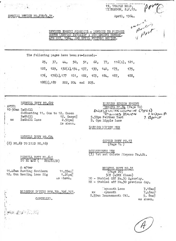 Southern Engine Workings, South Western Division, Mondays to Fridays starting 04 May 1964. 40 pages. Notes: R31 Revisions. [EW05196405040]