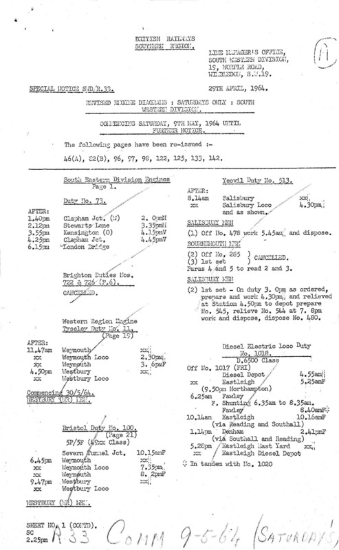 Southern Engine Workings, South Western Division, Saturdays starting 09 May 1964. 16 pages. Notes: R33 Revisions. [EW05196405090]