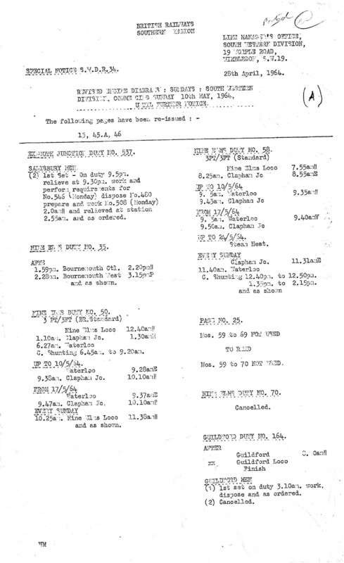 Southern Engine Workings, South Western Division, Sundays starting 10 May 1964. 6 pages. Notes: R34 Revisions. [EW05196405100]