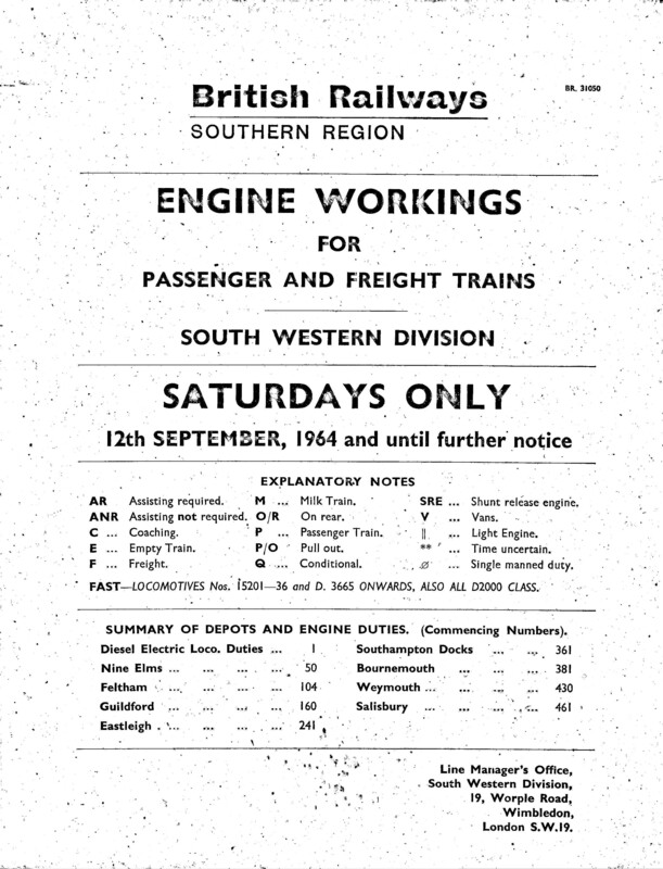 Southern Engine Workings, South Western Division, Saturdays starting 12 September 1964. 136 pages. [EW05196409120]