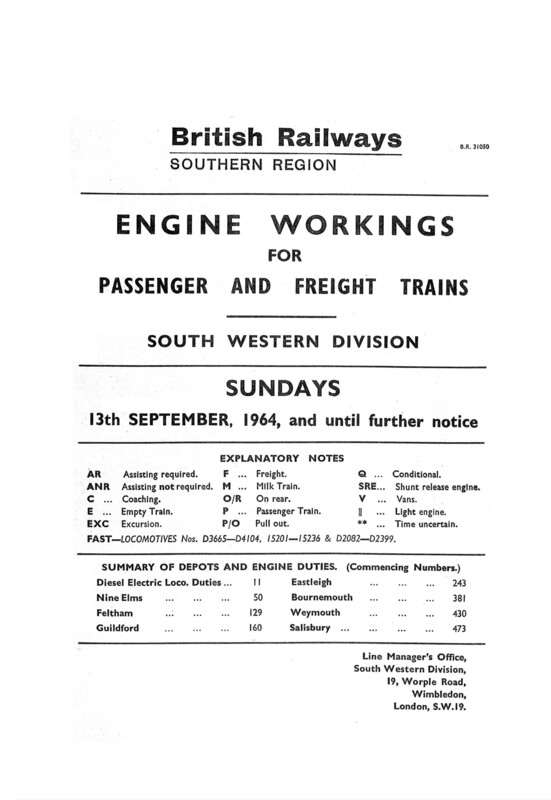 Southern Engine Workings, South Western Division, Sundays starting 13 September 1964. 52 pages. [EW05196409130]
