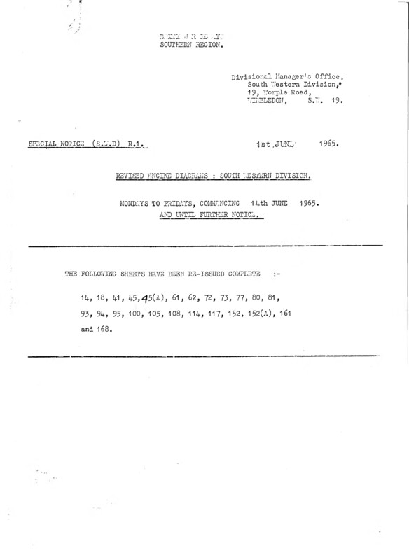 Southern Engine Workings, South Western Division, Mondays to Fridays starting 14 June 1965. 30 pages. Notes: R1 Revisions. [EW05196506141]