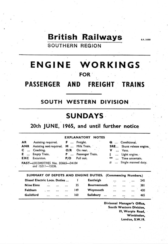 Southern Engine Workings, South Western Division, Sundays starting 20 June 1965. 61 pages. [EW05196506200]