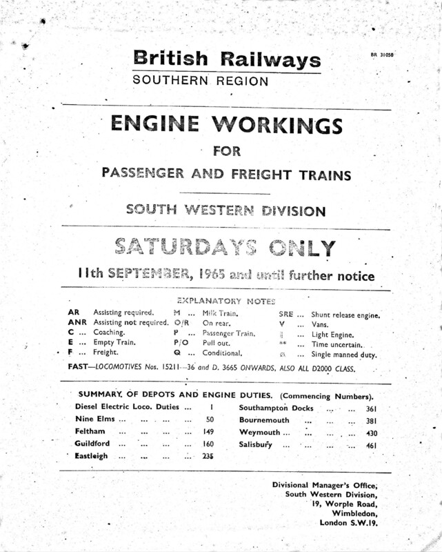 Southern Engine Workings, South Western Division, Saturdays starting 11 September 1965. 139 pages. [EW05196509110]