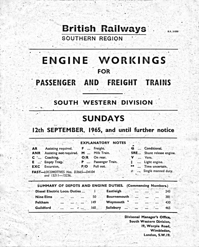 Southern Engine Workings, South Western Division, Sundays starting 12 September 1965. 55 pages. [EW05196509120]