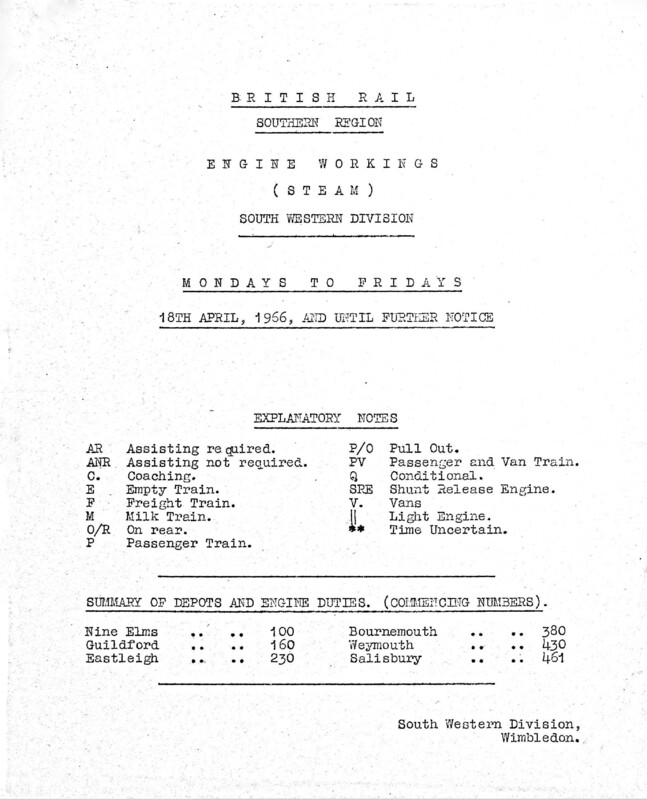 Southern Engine Workings, South Western Division, Mondays to Fridays starting 18 April 1966. 78 pages. [EW05196604180]