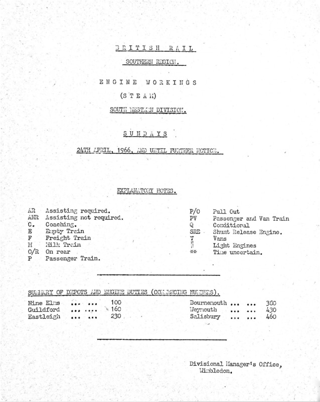 Southern Engine Workings, South Western Division, Sundays starting 24 April 1966. 31 pages. [EW05196604240]