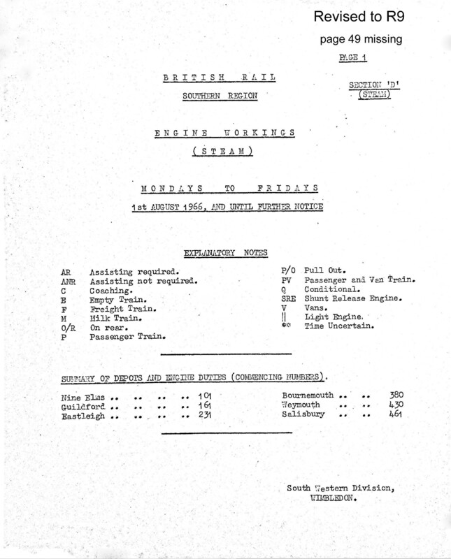 Southern Engine Workings, South Western Division, Mondays to Fridays starting 01 August 1966. 71 pages. Notes: Revised to R9. [EW05196608010]