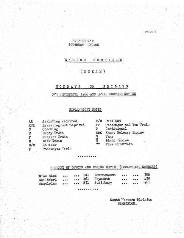 Southern Engine Workings, South Western Division, Mondays to Fridays starting 05 September 1966. 63 pages. [EW05196609050]