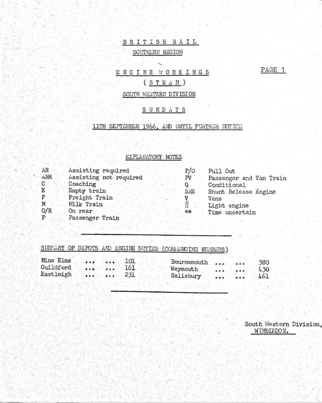 Southern Engine Workings, South Western Division, Sundays starting 11 September 1966. 25 pages. [EW05196609110]