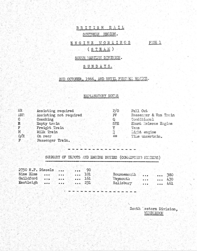 Southern Engine Workings, South Western Division, Sundays starting 02 October 1966. 20 pages. [EW05196610020]