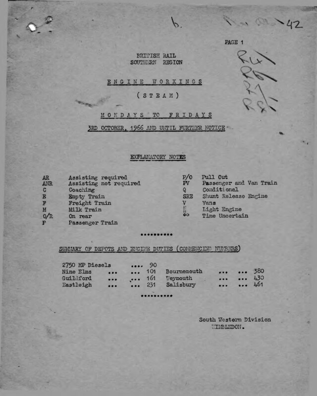 Southern Engine Workings, South Western Division, Mondays to Fridays starting 03 October 1966. 6 pages. Notes: R8 Revisions. [EW05196610030]