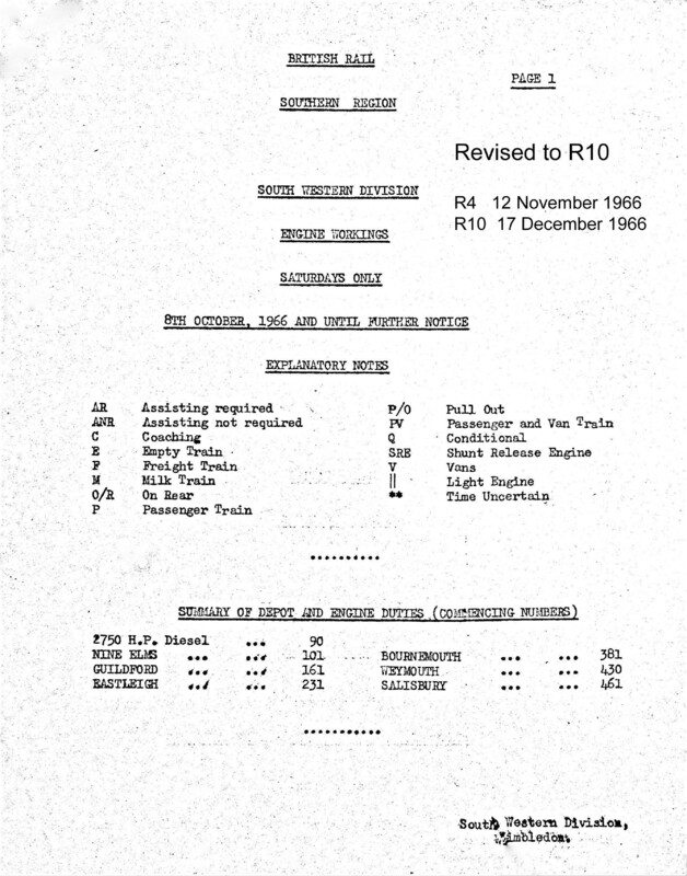 Southern Engine Workings, South Western Division, Saturdays starting 08 October 1966. 40 pages. Notes: Revised to R10. [EW05196610080]