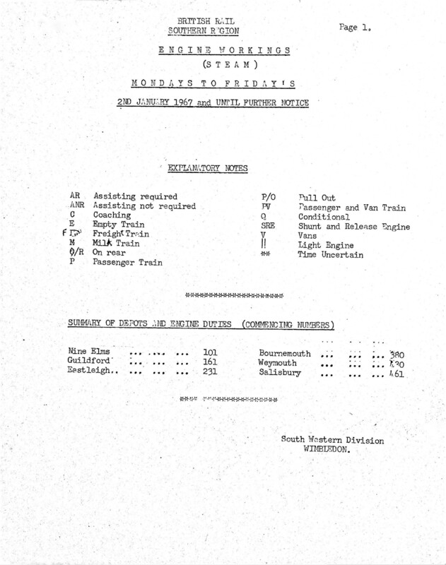 Southern Engine Workings, South Western Division, Mondays to Fridays starting 02 January 1967. 40 pages. [EW05196701020]