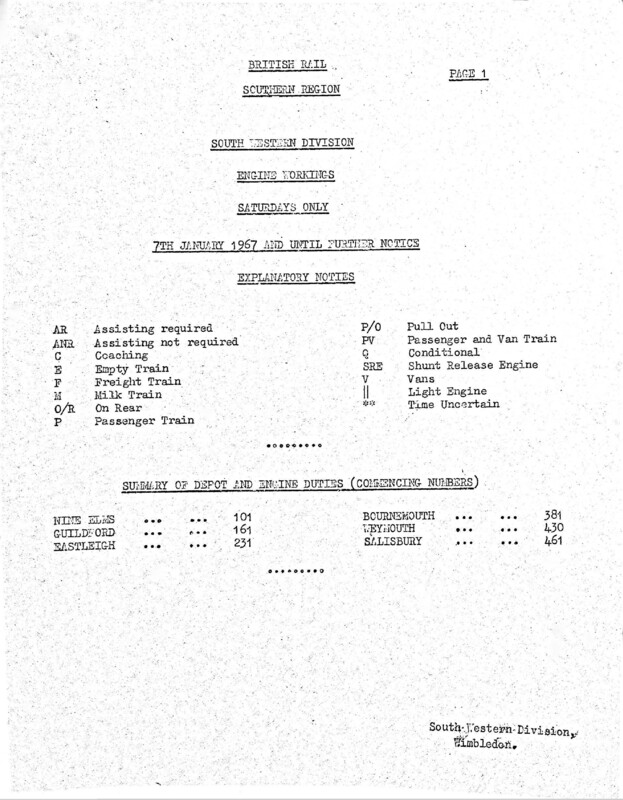 Southern Engine Workings, South Western Division, Saturdays starting 07 January 1967. 30 pages. [EW05196701070]