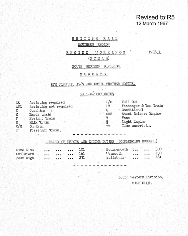 Southern Engine Workings, South Western Division, Sundays starting 08 January 1967. 14 pages. Notes: Revised to R5. [EW05196701080]