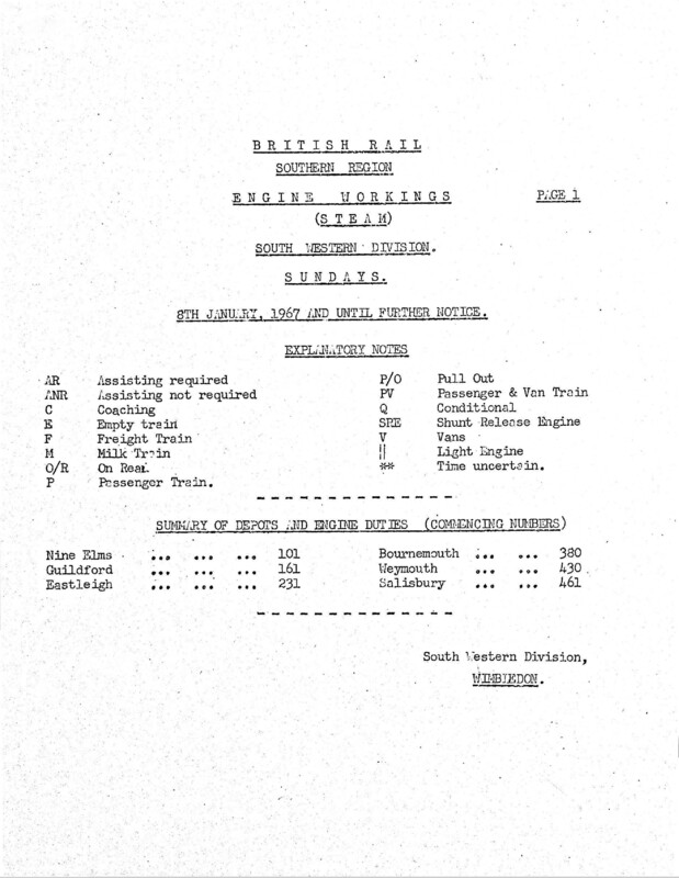 Southern Engine Workings, South Western Division, Sundays starting 08 January 1967. 14 pages. [EW05196701081]