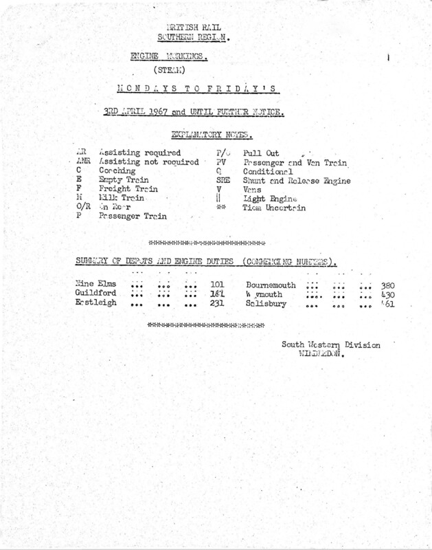 Southern Engine Workings, South Western Division, Mondays to Fridays starting 03 April 1967. 33 pages. [EW05196704030]